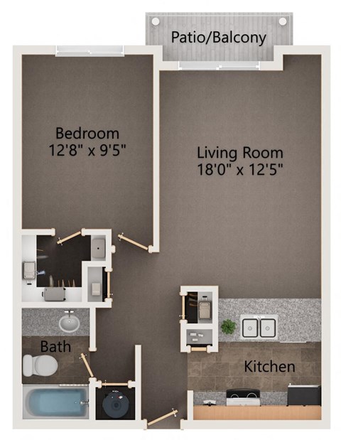 Floor plan for 1 bed, 1 bath, 653 sqft